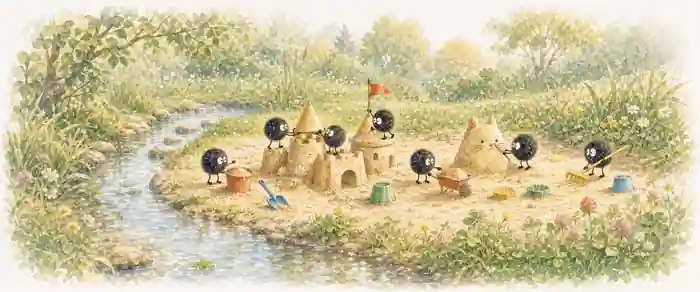 Tiny soot-like creatures building a sandcastle beside a stream