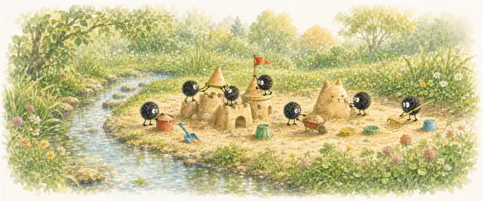 Tiny soot-like creatures building a sandcastle beside a stream